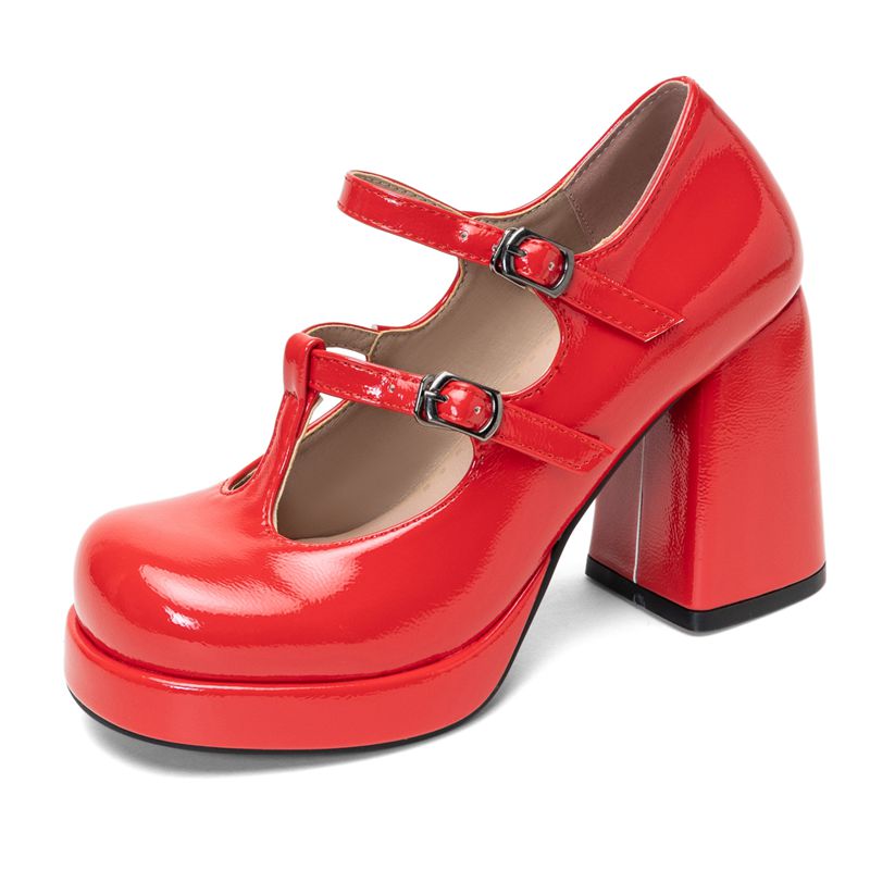 Pump Heel Block - حذاء نسائي كلاسيكي لامع بمقدمة مستديرة