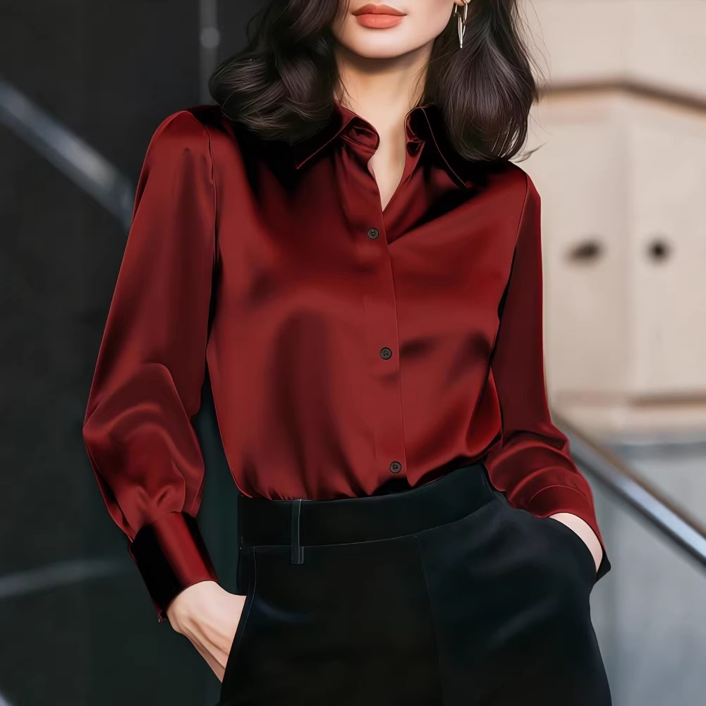 Women Formal Wear Business - بلوزة نسائية بياقة ساتان وأزرار أمامية